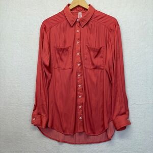 Anthropologie Women's Button Down Shirt Medium Coral Pink Long Sleeve Romantic